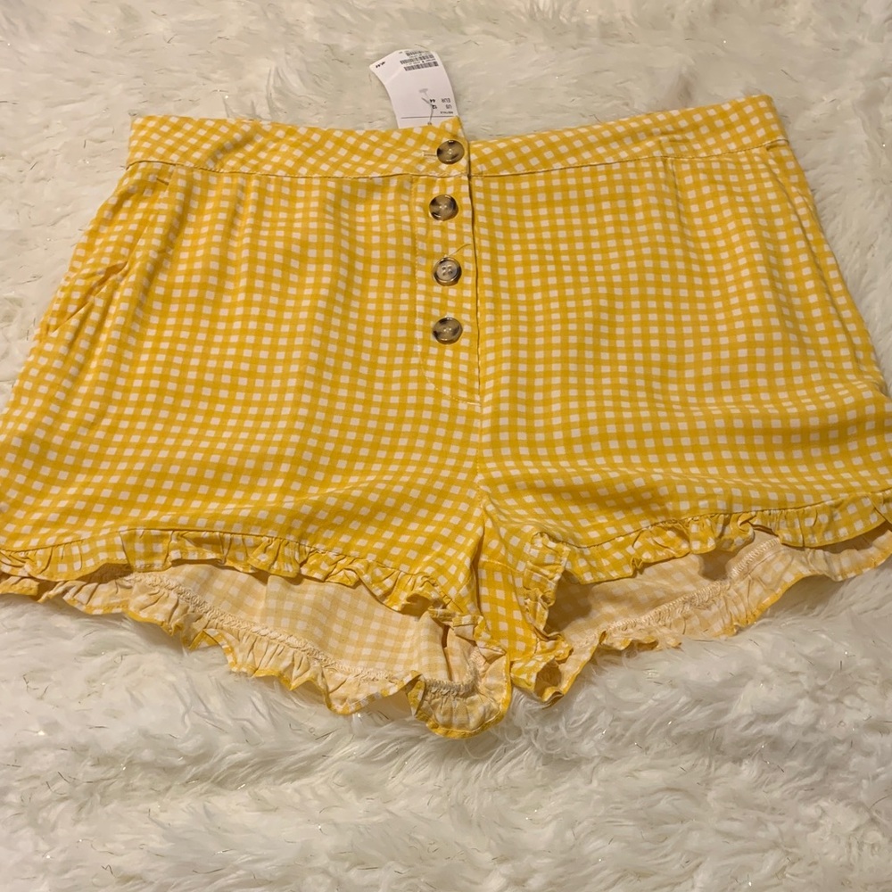 Divided Yellow Gingham Women's Shorts with Ruffle Hemline